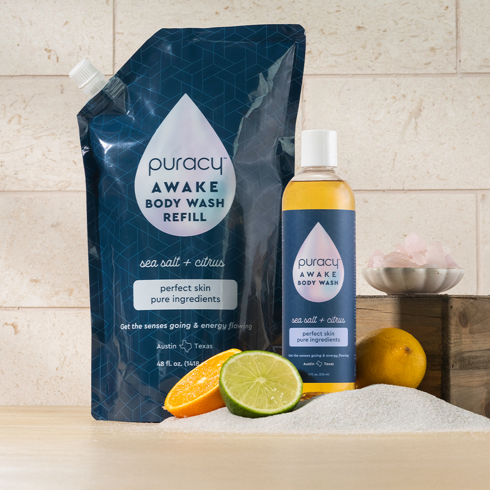 Puracy acidified, pH balanced body wash in a refill bottle, suitable for gentle cleansing and skin nourishment.
