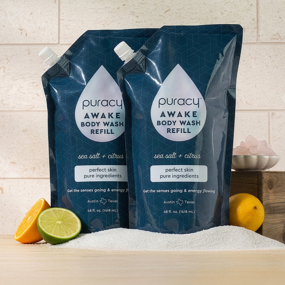 Puracy acidified, pH-balanced body wash refill pack with two bottles, gentle cleansing for healthy skin.