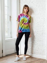 SpectraUSA Classic Spiral Tie-Dye T-shirt featuring vibrant, swirling colors and a relaxed fit, displayed on a hanger.