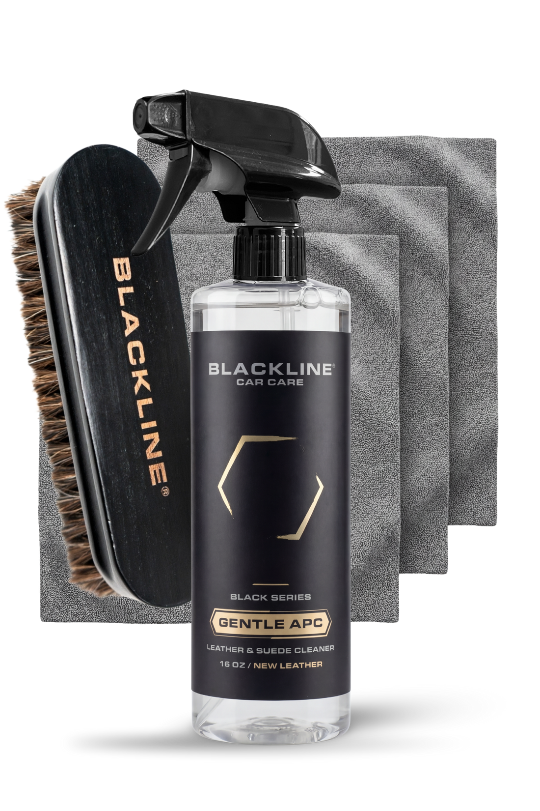 Blackline Car Care BLACKLINE® Gentle APC all-purpose cleaner bottle with label and spray nozzle on a white background.