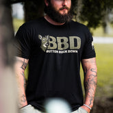 Bow Crew Apparel BBD T-shirt featuring button buck graphic in a casual, stylish design perfect for bow hunting enthusiasts.