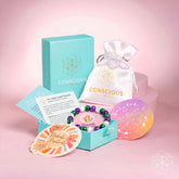 Image of Conscious Items Triple Healing Bracelet in packaging, showcasing the bracelet with three healing stones on a cord.