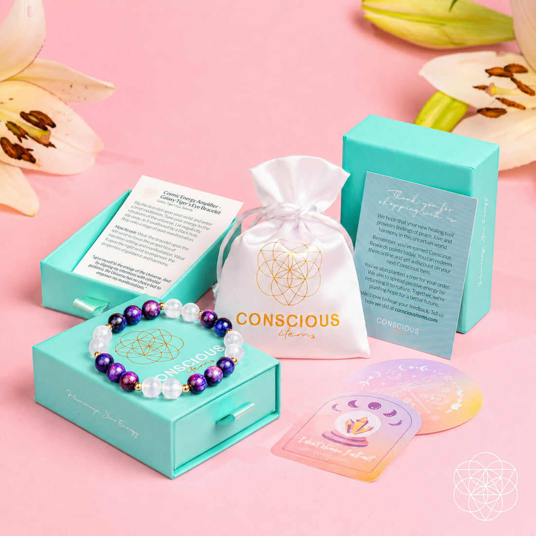 Galaxy Tiger’s Eye bracelet from Conscious Items, Cosmic Energy Amplifier, displayed with packaging and natural gemstone details.