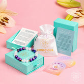 Galaxy Tiger’s Eye bracelet from Conscious Items, Cosmic Energy Amplifier, displayed with packaging and natural gemstone details.