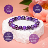 Unshakeable Intuition Siberian Charoite bracelet by Conscious Items with polished purple stones on a silver-tone band.