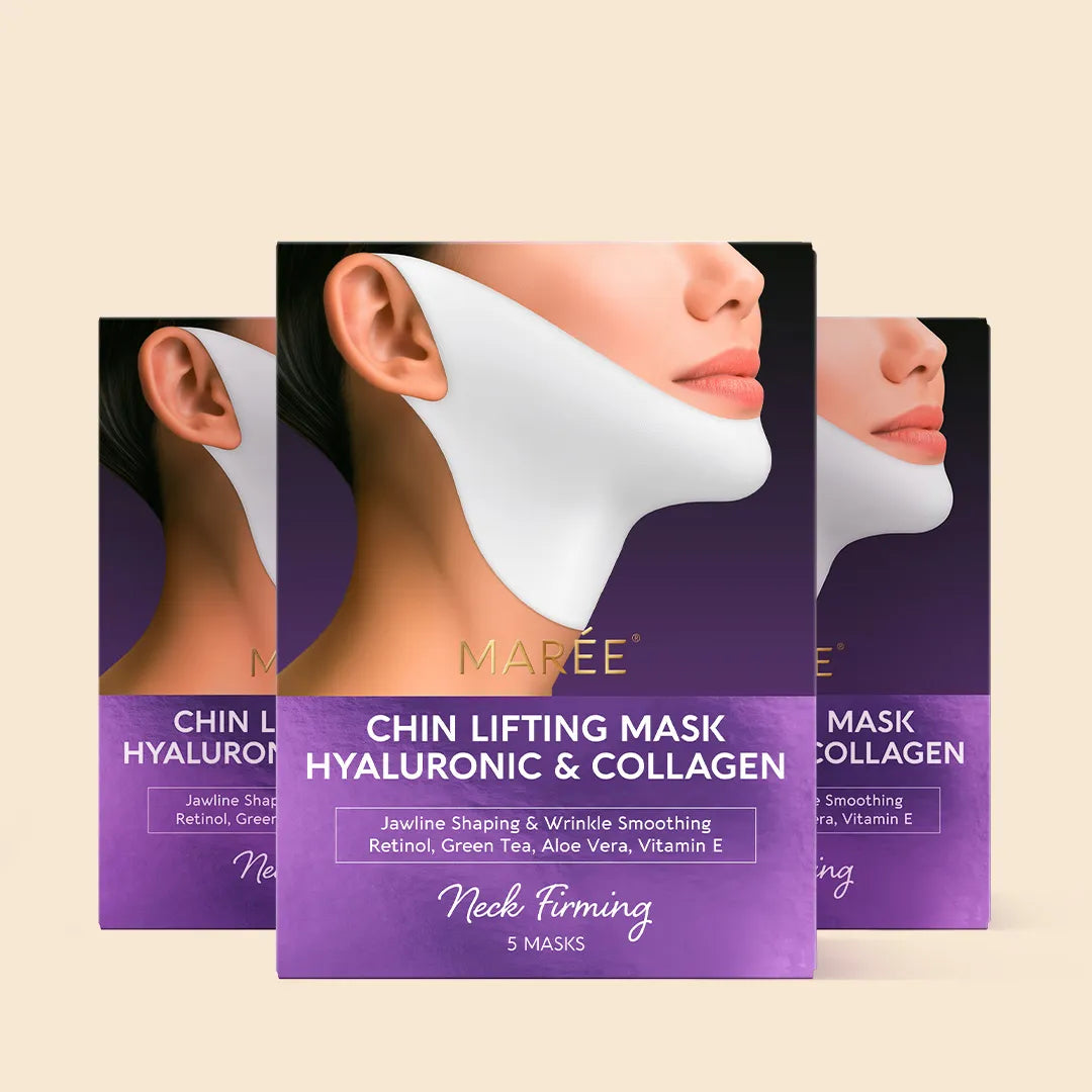 Maree Hyaluronic Acid V-line Lifting Mask applied on face, showing a close-up of the skincare mask for facial lifting and hydration.