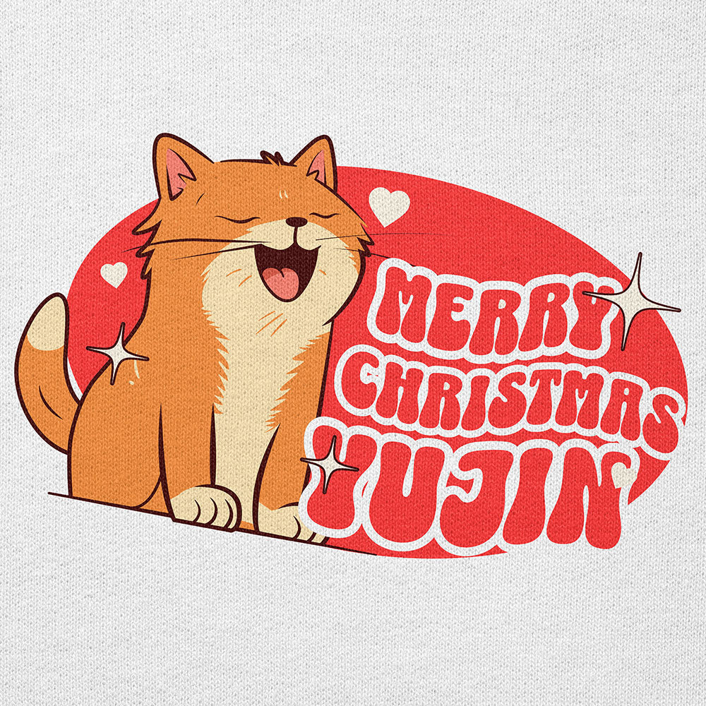 Yūjin Clothing Merry Christmas Cat hoodie featuring a festive cat design on a cozy red hoodie for holiday cheer.