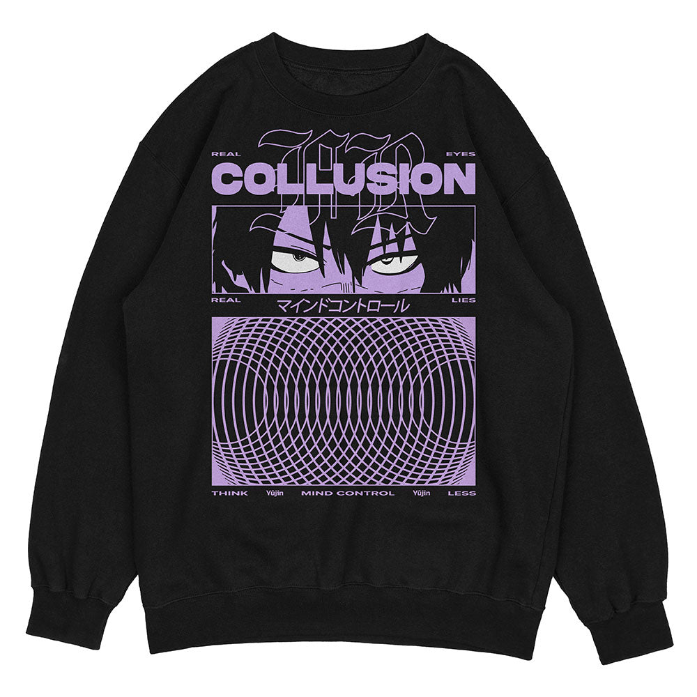 Yūjin Clothing Collusion Sweatshirt in black with a relaxed fit and crew neckline, showcasing a stylish casual design.