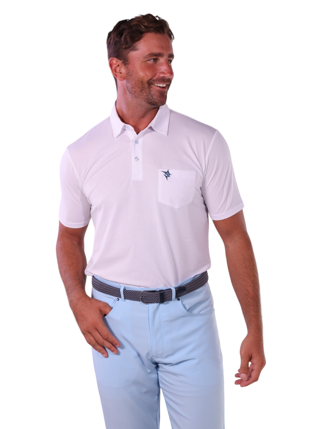 White Water Life Charleston Polo in various colors, close-up of fabric and collar detail, casual men&