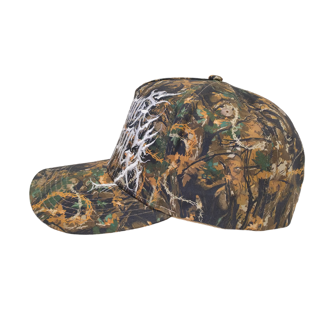 Camo Mayhem Hat by Any Means Necessary Clothing featuring a stylish camouflage design and adjustable strap.