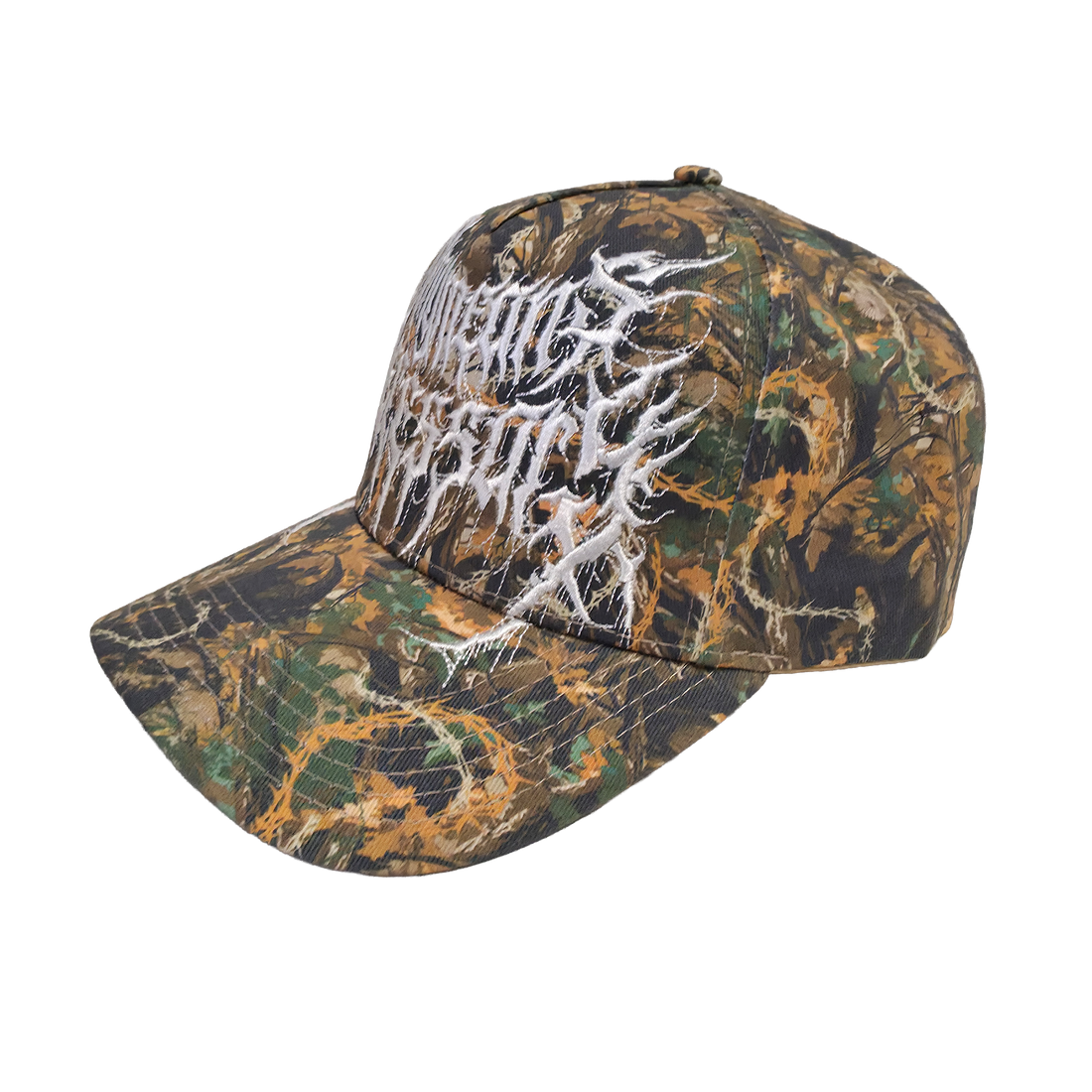 Camo Mayhem Hat by Any Means Necessary Clothing featuring a camouflage fabric and adjustable strap for a casual, streetwear style.