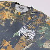 Close-up of Any Means Necessary Clothing Mayhem T-Shirt in camouflage, showing detailed fabric texture and design.