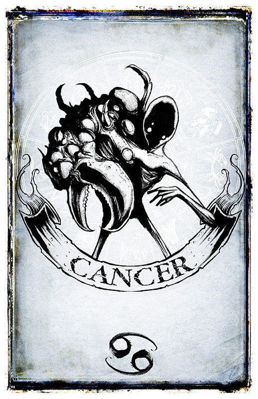 Cancer zodiac poster by Shawn Coss featuring detailed artwork of the Cancer symbol and imagery on a printed poster.
