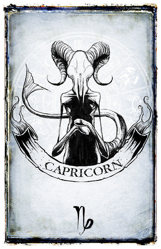 Capricorn zodiac poster featuring detailed artwork by Shawn Coss, suitable for wall decor and astrology enthusiasts.