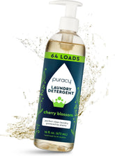 Puracy concentrated laundry detergent in cherry scent, sulfate-free formula with a clear bottle and label visible.