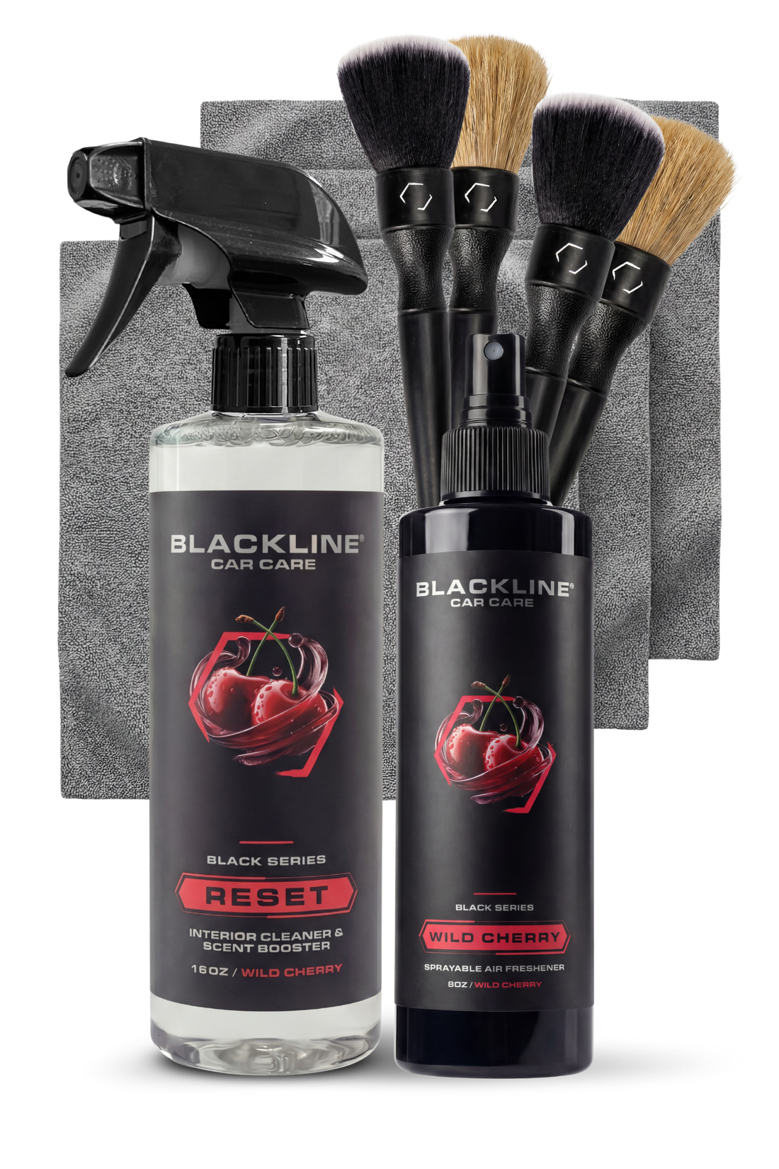 Blackline Car Care BLACKLINE 8oz Cherry Air Freshener for cars, featuring a vibrant cherry scent and full bottle display.