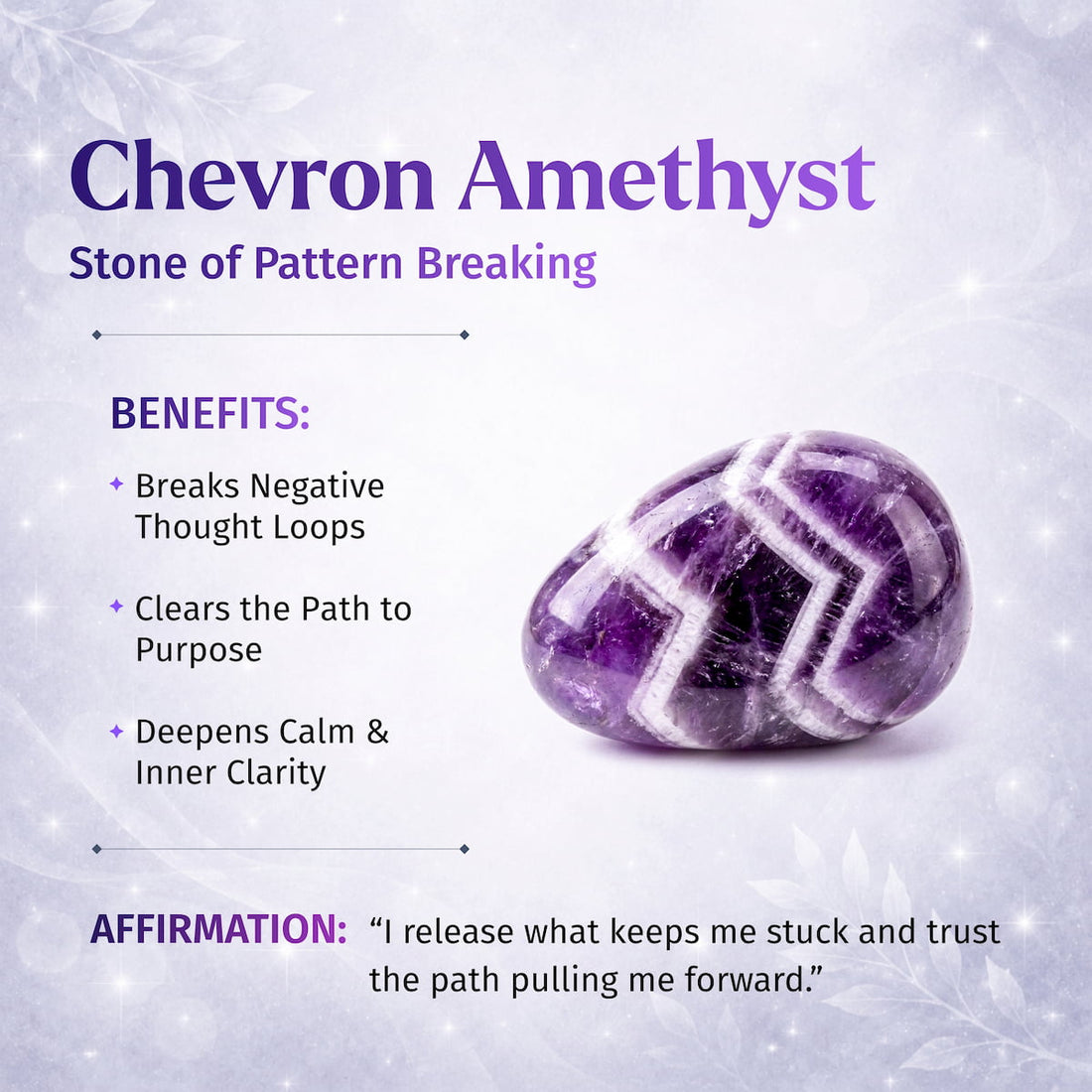 Chevron Amethyst Point of Transformation from Conscious Items, a natural home decoration featuring a vibrant purple and white chevron pattern.