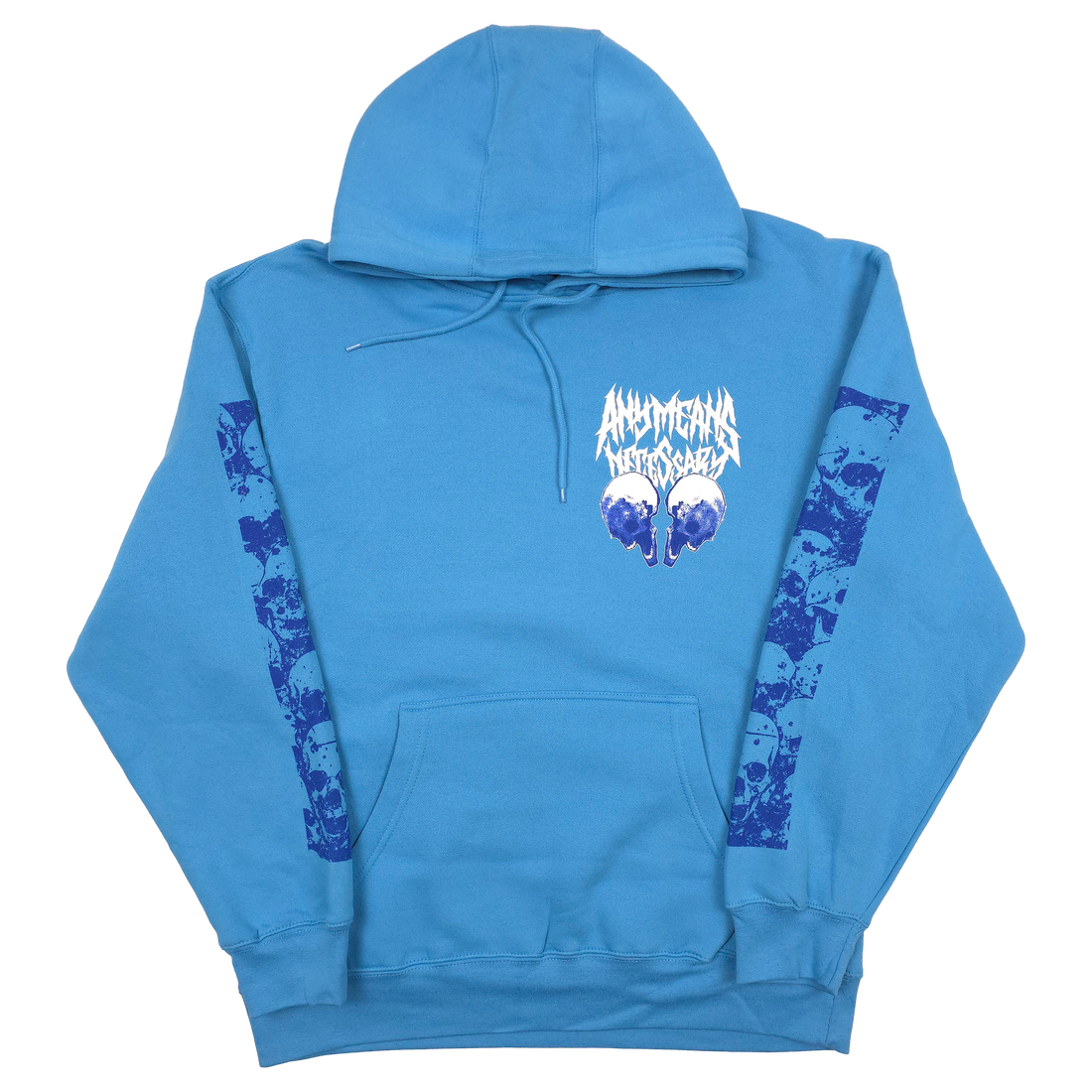 Blue Choke Pullover Hoodie by Any Means Necessary Clothing, front view showing the hoodie with a drawstring hood and relaxed fit.