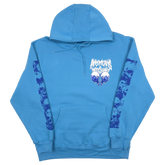 Blue Choke Pullover Hoodie by Any Means Necessary Clothing, front view showing the hoodie with a drawstring hood and relaxed fit.