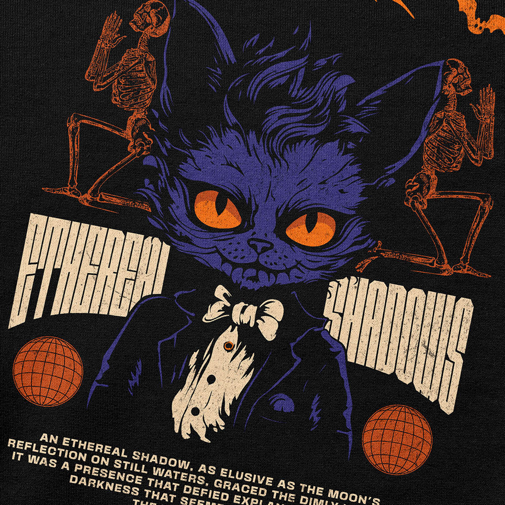 Yūjin Clothing Ethereal Shadows cat sweatshirt featuring a soft fabric with a mystical shadow cat design on the front.