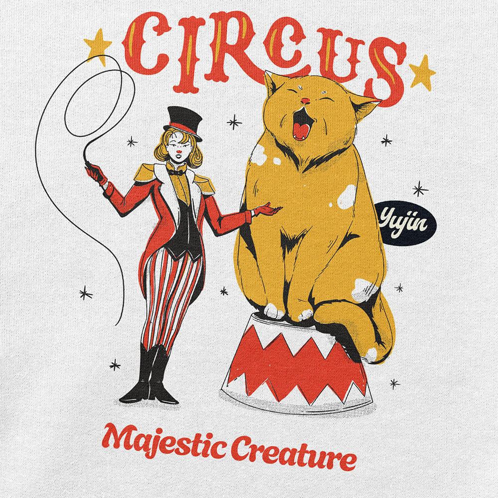 Yūjin Clothing Circus Cat sweatshirt featuring a colorful circus-themed cat design on soft fabric.