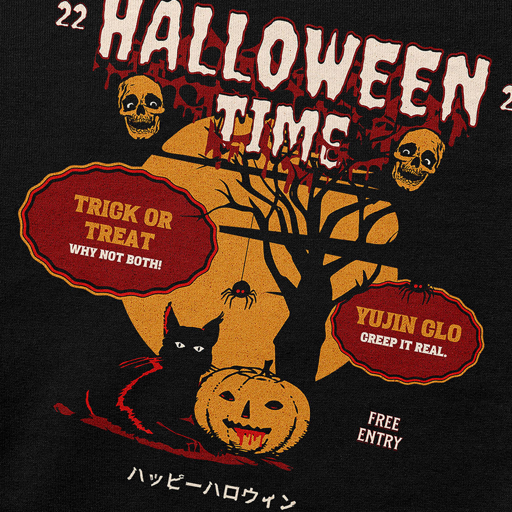 Yūjin Clothing Halloween Time sweatshirt featuring spooky Halloween-themed design, comfortable fit, and casual style.