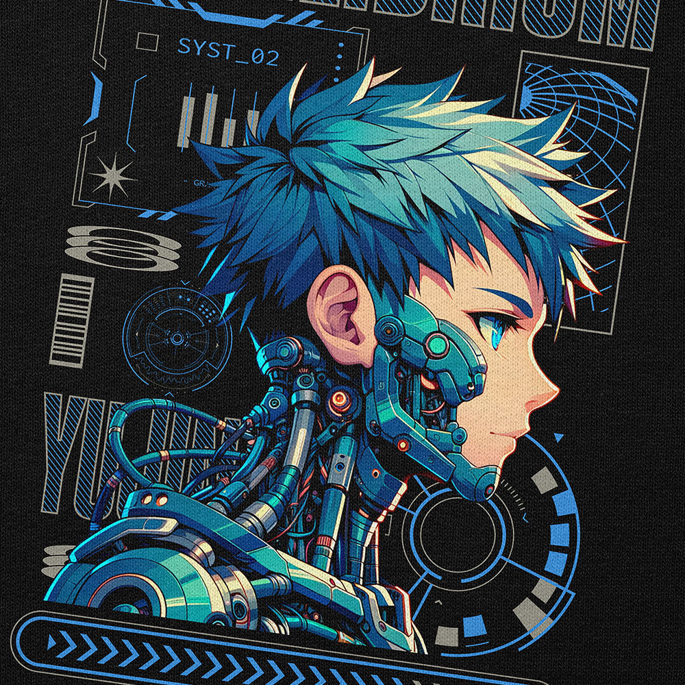 Yūjin Clothing Equilibrium Cyborg Hoodie in black with graphic design, featuring a comfortable hood and casual fit.