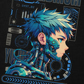Yūjin Clothing Equilibrium Cyborg Hoodie in black with graphic design, featuring a comfortable hood and casual fit.