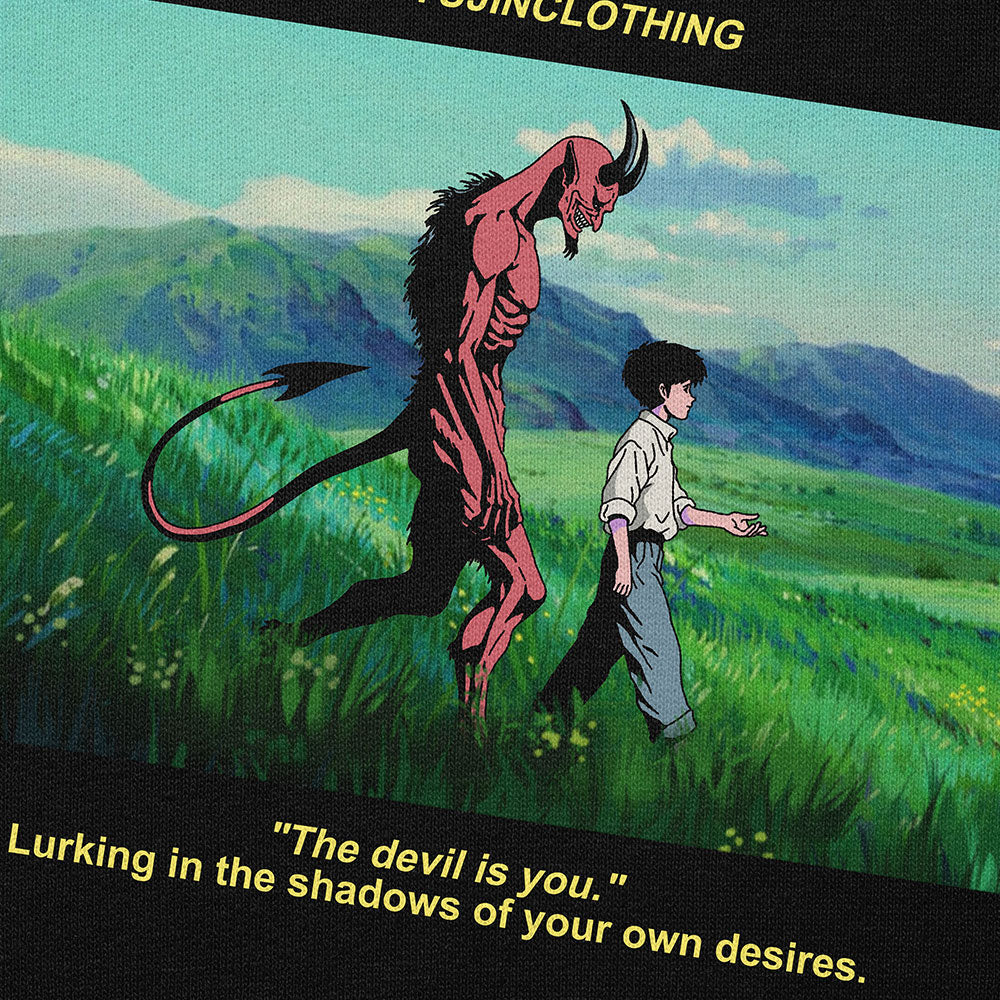 Yūjin Clothing Devil and Boy Hoodie featuring a graphic design of a devil and a boy on a comfortable, casual hoodie.