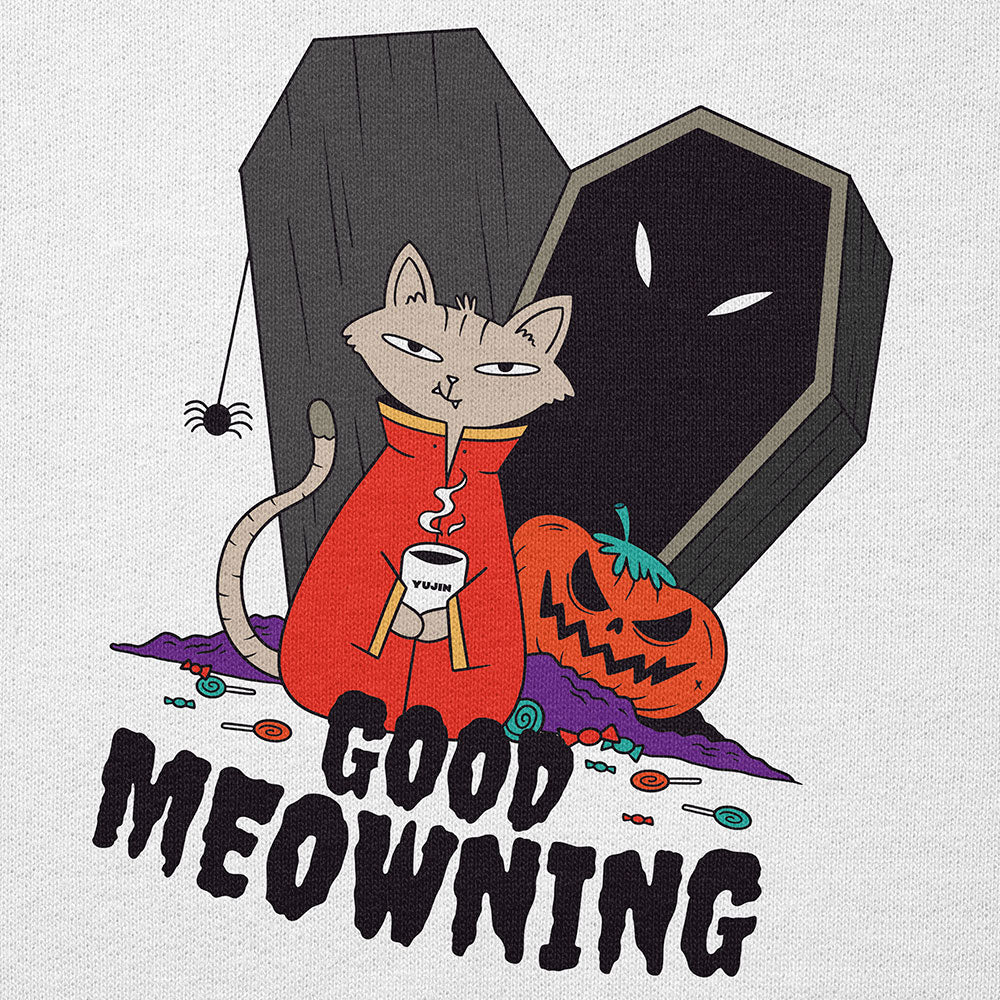 Yūjin Clothing Good Meowning Hoodie, cozy black hoodie with a cat-themed graphic, soft fabric, and adjustable drawstrings.
