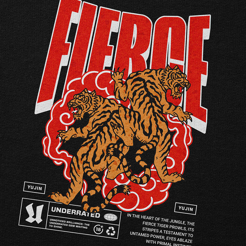 Yūjin Clothing Fierce Tiger hoodie featuring a bold tiger graphic and comfortable fabric, perfect for casual wear.