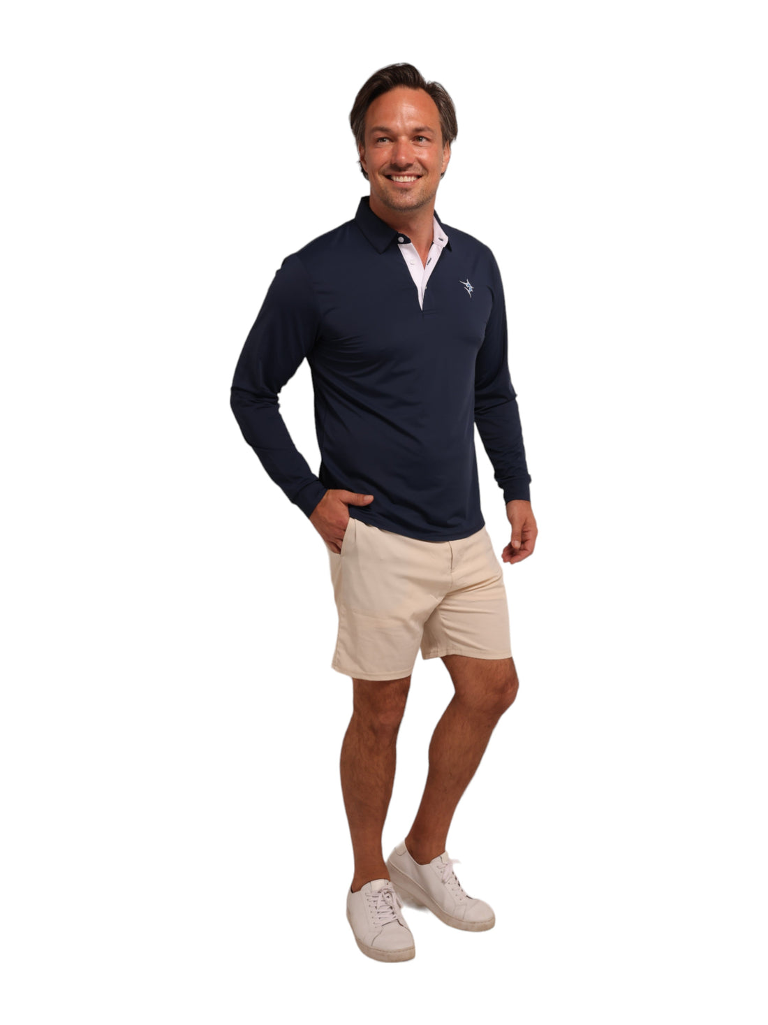 Navy Coast Long Sleeve Polo shirt by White Water Life, featuring a collared style and button-front design.