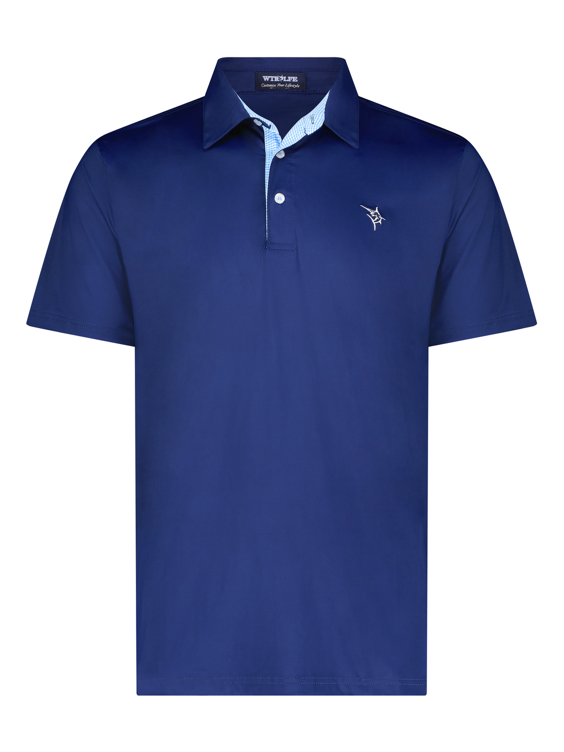 Navy Coastline polo shirt by White Water Life featuring a classic collar and short sleeves, laid flat against a white background.