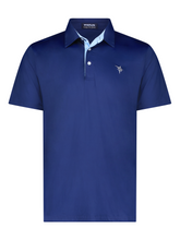 Navy Coastline polo shirt by White Water Life featuring a classic collar and short sleeves, laid flat against a white background.