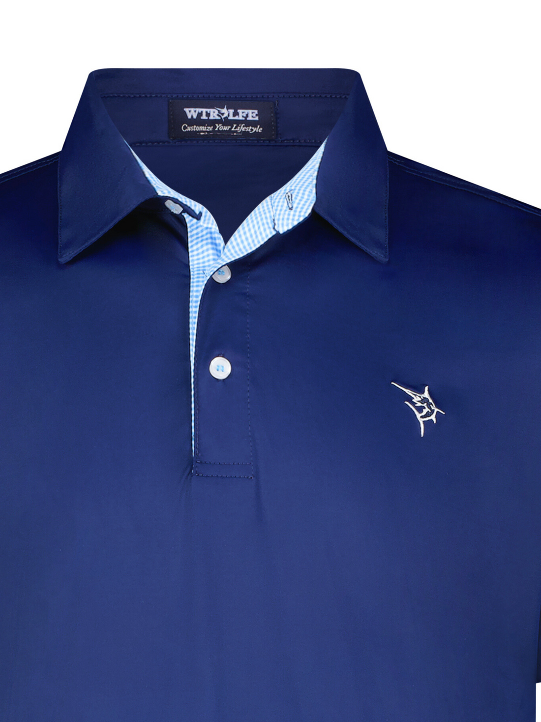 Close-up of White Water Life Coastline Navy polo shirt showing navy fabric and collar detail.