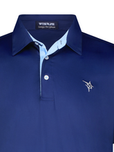 Close-up of White Water Life Coastline Navy polo shirt showing navy fabric and collar detail.