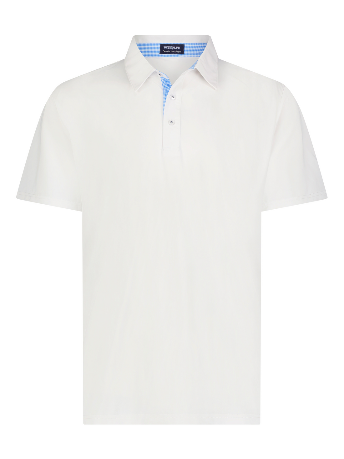 White Water Life Coastline Polo shirt in white, featuring a classic collar and short sleeves, displayed on a hanger.