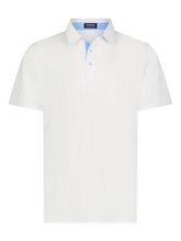 White Water Life Coastline Polo shirt in white, featuring a classic collar and short sleeves, displayed on a hanger.