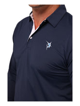 White Water Life Coast navy long sleeve polo shirt with logo, made from comfortable fabric, featuring a classic collar and button placket.