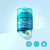 Maree Retinol and Collagen Anti-Age Cream jar showing creamy texture and label, designed to reduce wrinkles and improve skin elasticity.