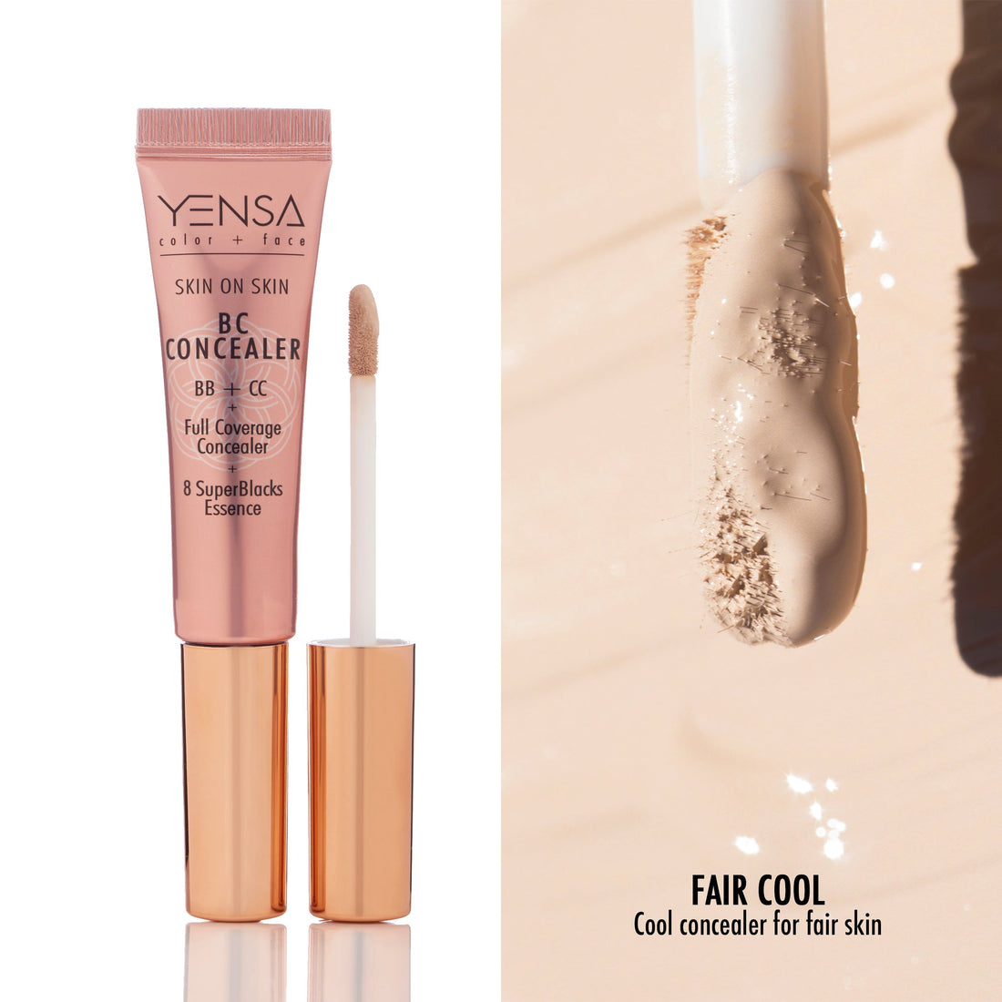 YENSA Super Serum Silk Concealer swatch showing smooth, light-reflecting makeup concealer on skin in natural light