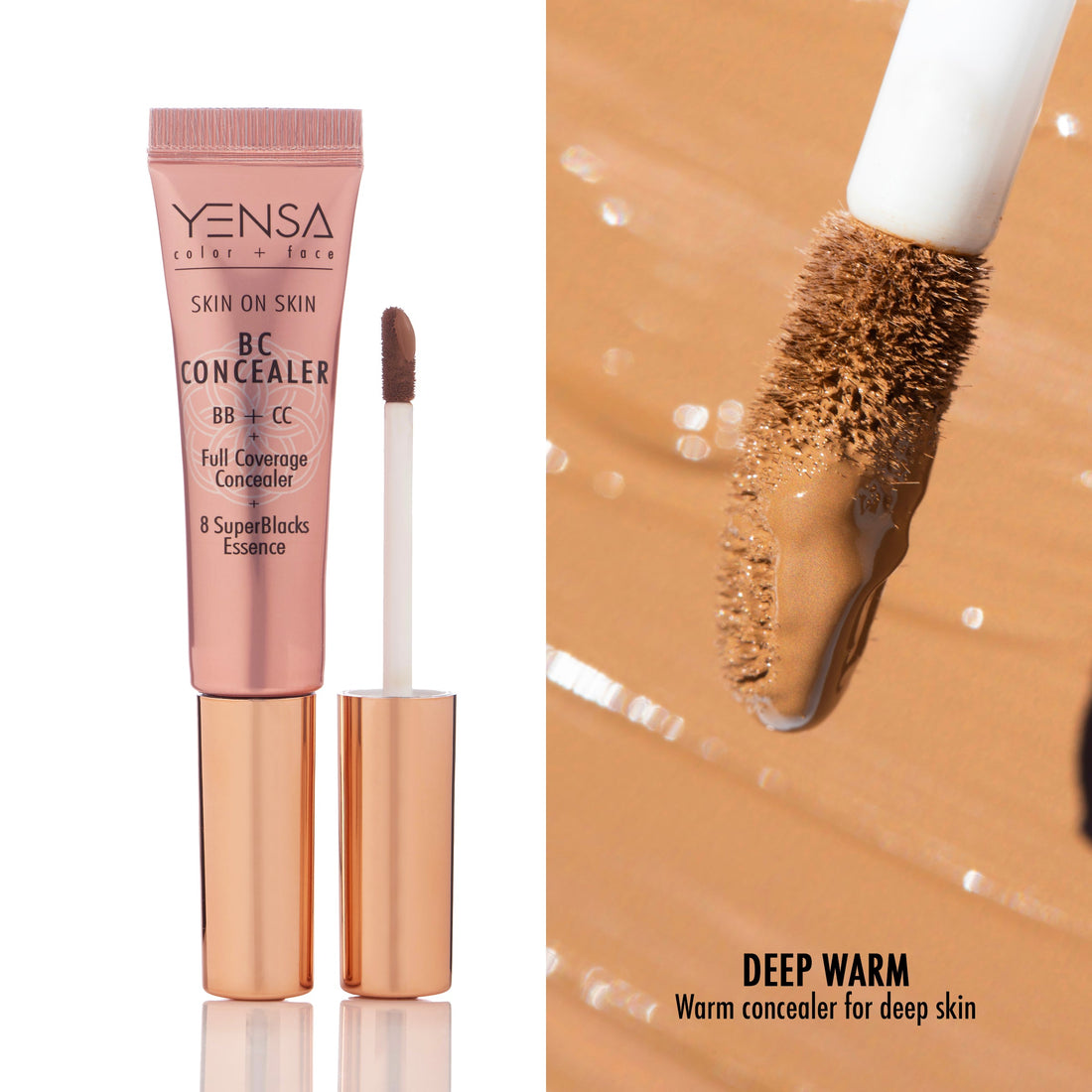 YENSA Skin On Skin BB + CC full coverage concealer swatch in deep warm shade, showcasing creamy texture on skin.