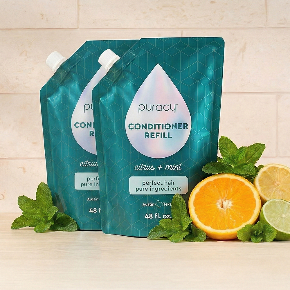 Puracy silicone-free conditioner refill pack with two bottles, sulfate and dimethicone free for healthy, nourished hair.
