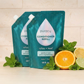 Puracy silicone-free conditioner refill pack with two bottles, sulfate and dimethicone free for healthy, nourished hair.