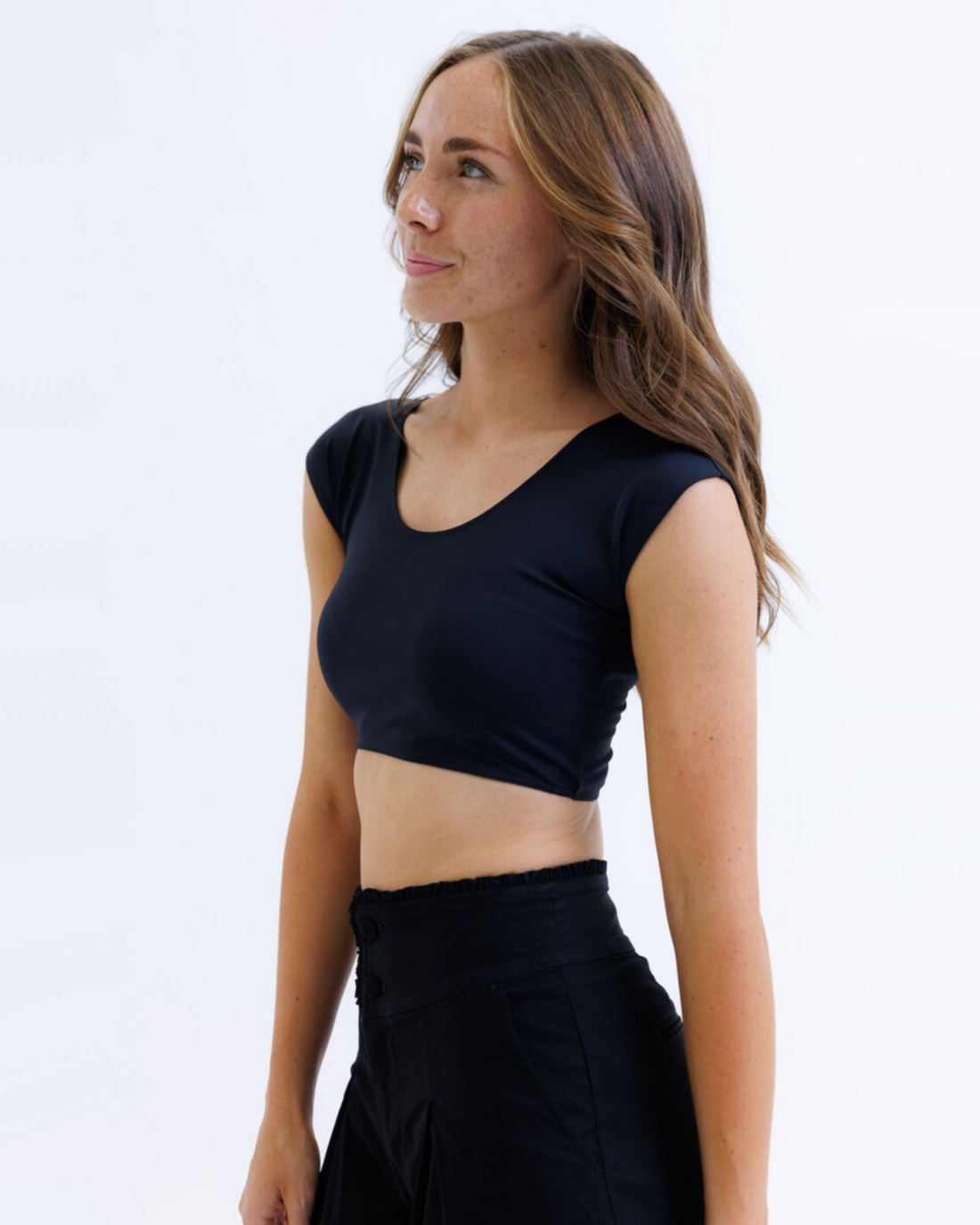 Black Downeast Contour Demi Tee, close-up view showcasing soft fabric and fitted style.