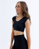 Black Downeast Contour Demi Tee, close-up view showcasing soft fabric and fitted style.