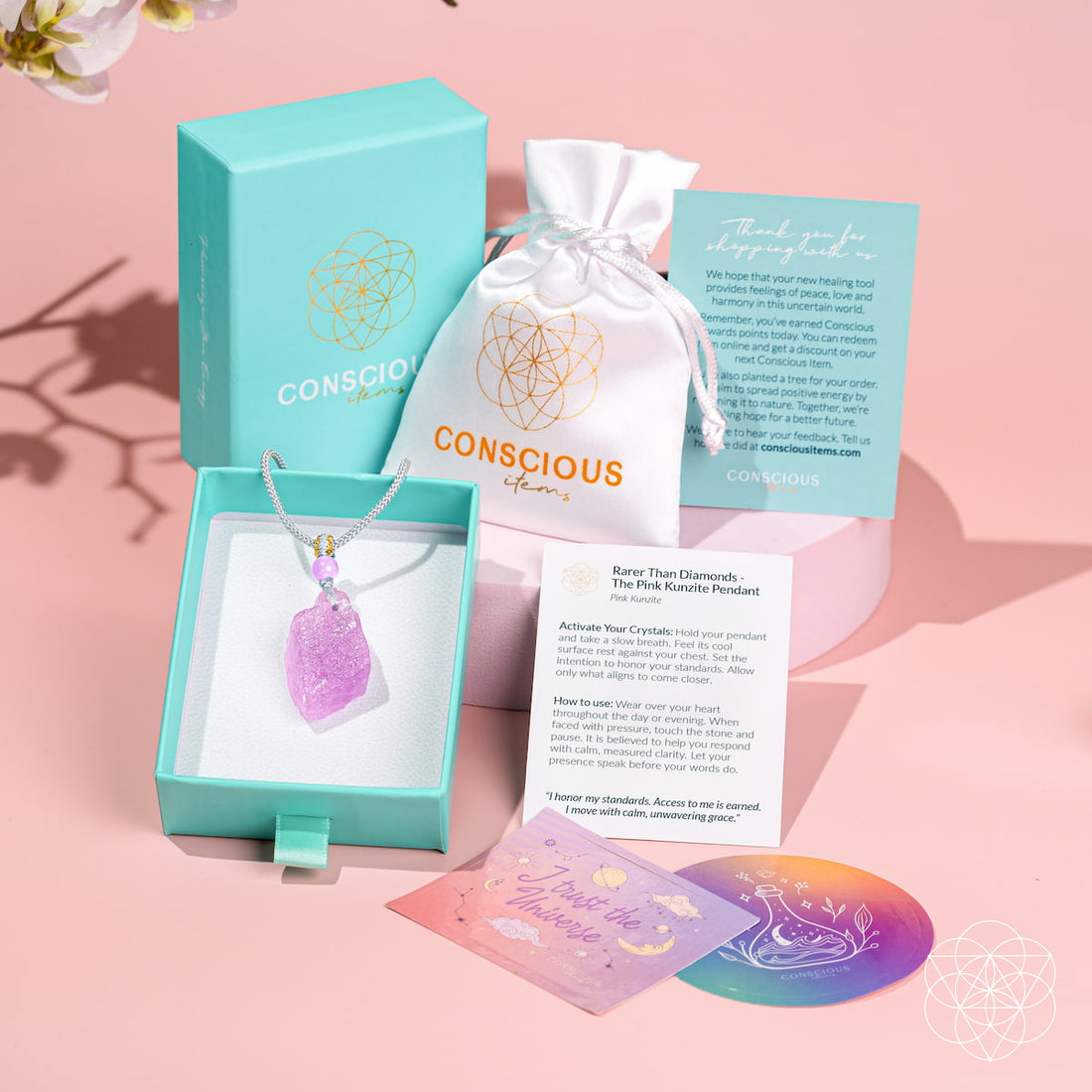 Pink Kunzite pendant necklace by Conscious Items featuring a large, faceted pink Kunzite gemstone on a delicate chain.