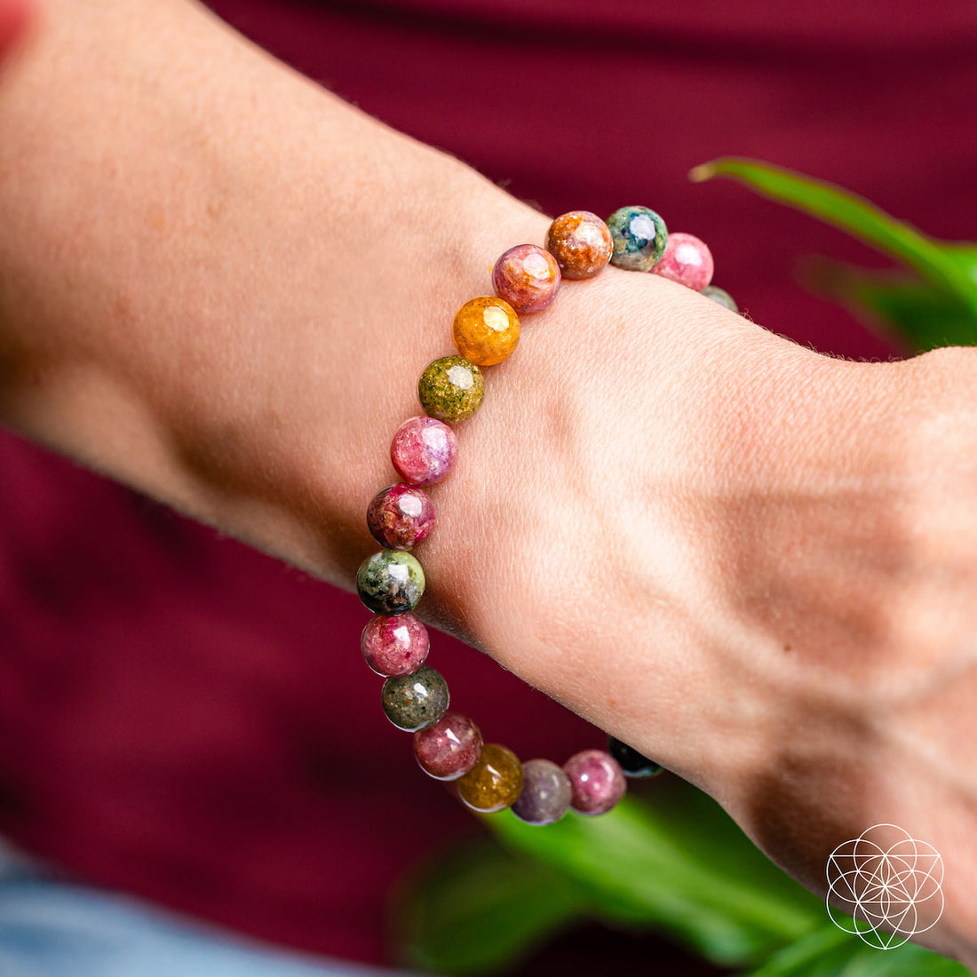 Rainbow Tourmaline bracelet from Conscious Items featuring vibrant, multicolored gemstone beads on a stylish bracelet.
