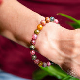 Rainbow Tourmaline bracelet from Conscious Items featuring vibrant, multicolored gemstone beads on a stylish bracelet.