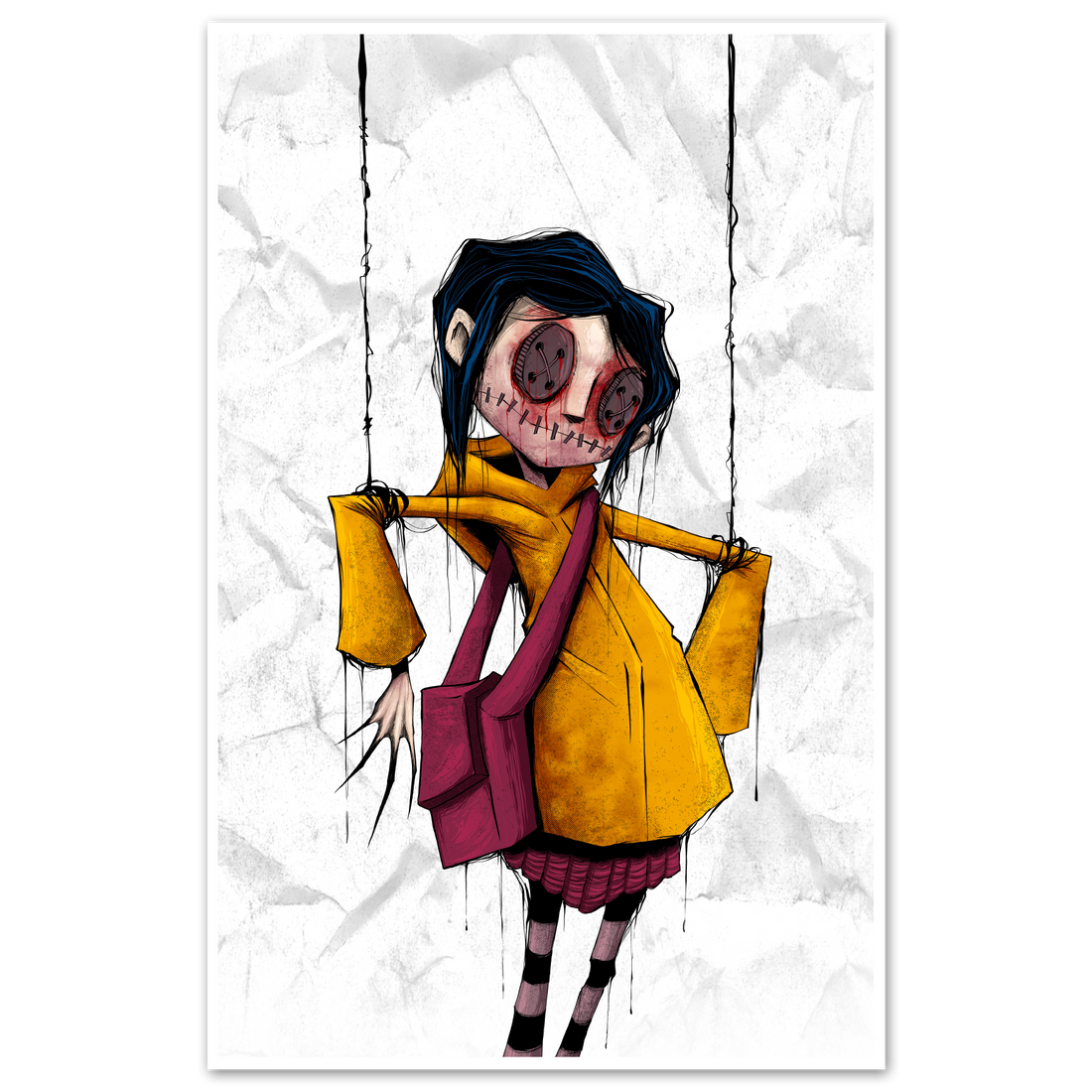 Coraline poster featuring vibrant artwork from Any Means Necessary Clothing, 11x17 inch print with colorful, detailed illustration.